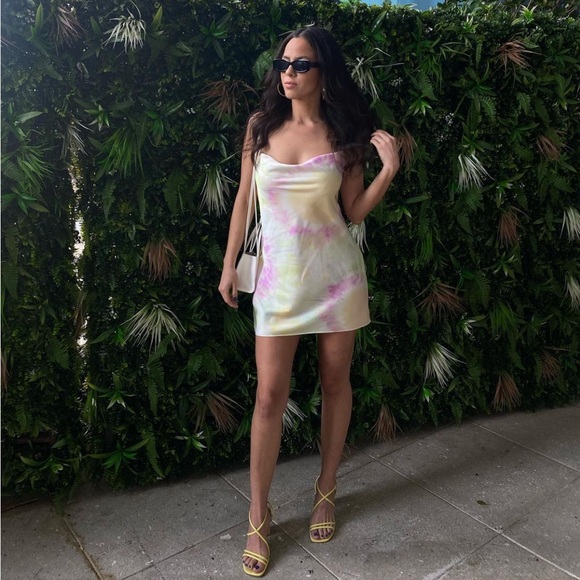 Zara Printed Watercolor Satin Tie Dye Mini Cowl Neck Dress Cream Pink XS NWT - Picture 3 of 16